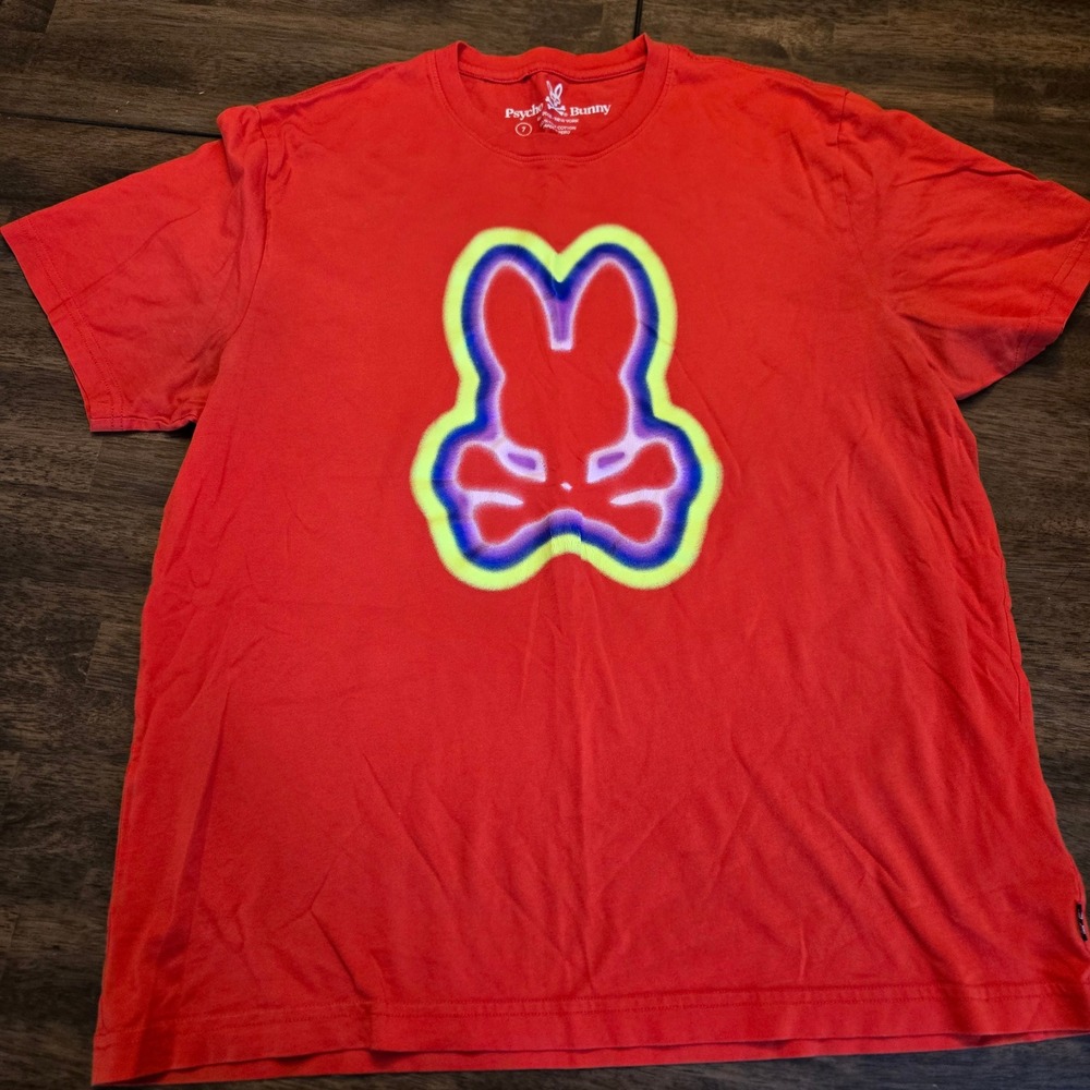 Psycho Bunny Mens Red Pima‎ Cotton Neon Graphic Logo T-Shirt Size 7 XL